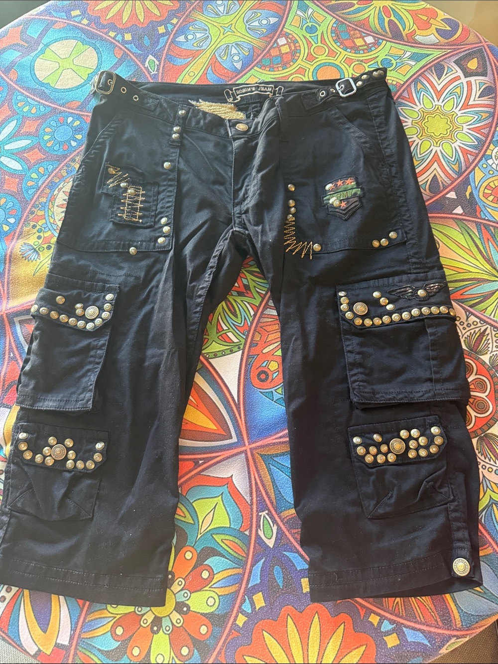 Robin's Jean Black Studded Cargo Capris